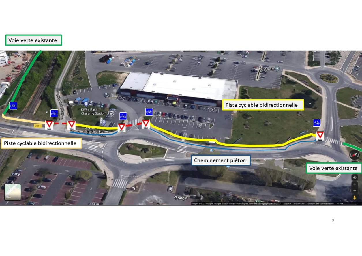 Carte satellite annotée du tracé de la piste cyclable bidirectionnelle avenue de La Rochelle à Bessines