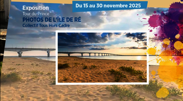 Affiche de l'exposition du Collectif Tous Hors Cadre : plage de l'île de Ré avec son pont en arrière-plan - Agrandir l'image, fenêtre modale