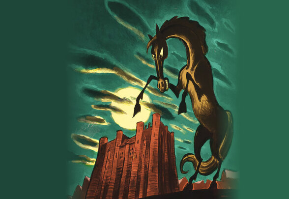 Cheval sombre cabré dominant un château médiéval sous un ciel nocturne dramatique, style graphique expressionniste - Agrandir l'image, fenêtre modale