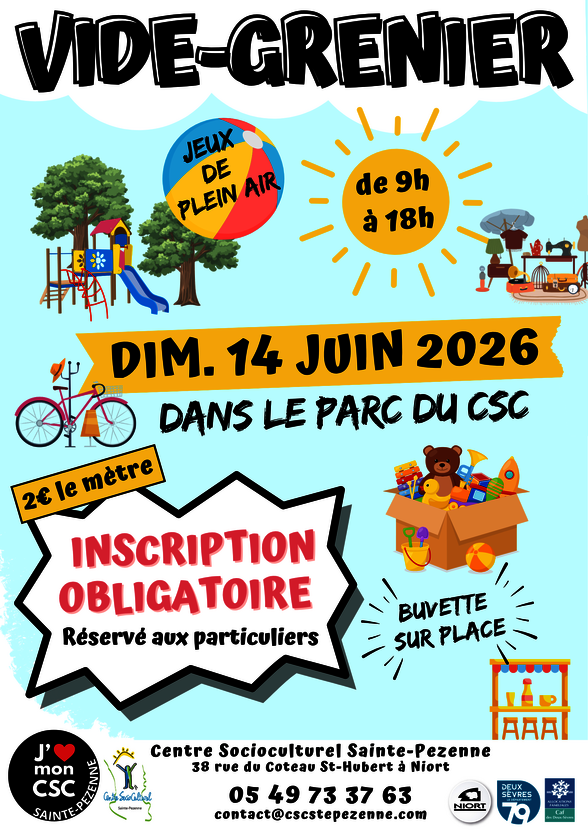 Affiche : horaires 9h-18h, jeux de plein air, buvette sur place, inscription exposants à 2€ le mètre - Agrandir l'image, fenêtre modale