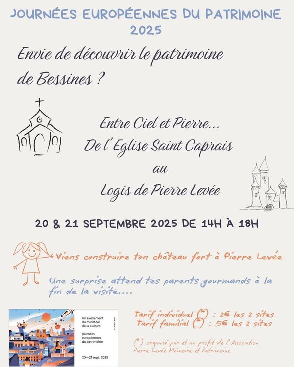 Affiche JEP 2025 à Bessines : 20 & 21 septembre, 14h-18h, 2 € individuel ou 5 € en famille pour les 2 sites - Agrandir l'image, fenêtre modale