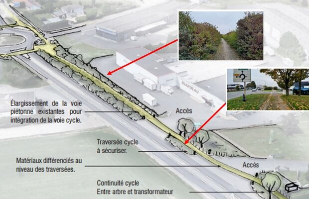 Plan d'aménagement annoté de la voie cyclable avant le giratoire d'entrée de ville, avec photos du site existant.