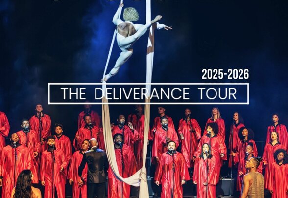Affiche The 100 Voices of Gospel – The Deliverance Tour 2025-2026, chœur en robes rouges et acrobate aérien sur scène - Agrandir l'image, fenêtre modale