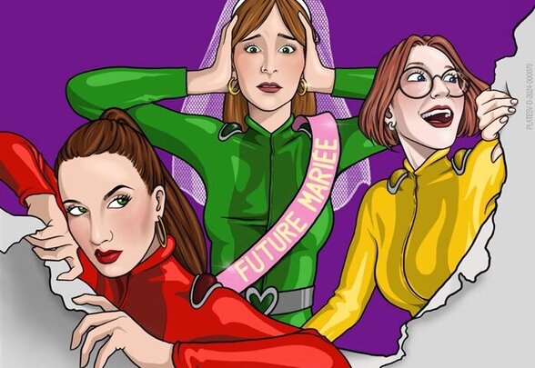 Affiche illustrée : une future mariée affolée encadrée de deux amies, sous-titre « Quand l'enterrement de vie de jeune fille part en vrille ! » - Agrandir l'image, fenêtre modale