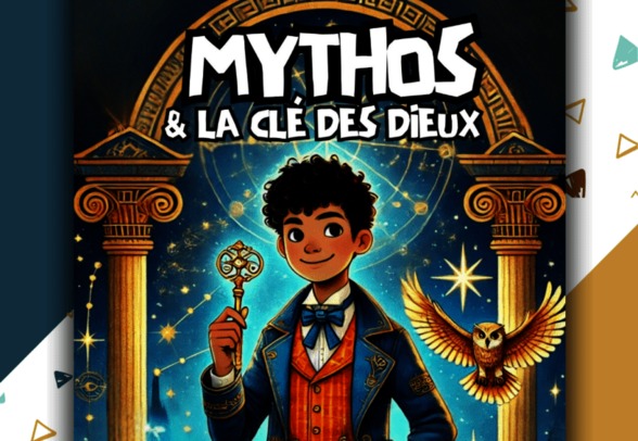 Affiche du spectacle : jeune héros tenant une clé dorée entre des colonnes grecques, coffre lumineux et hibou magique au premier plan - Agrandir l'image, fenêtre modale
