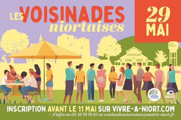 Affiche des Voisinades niortaises : inscription sur vivre-a-niort.com ou au 05 49 78 79 65 - Agrandir l'image, fenêtre modale