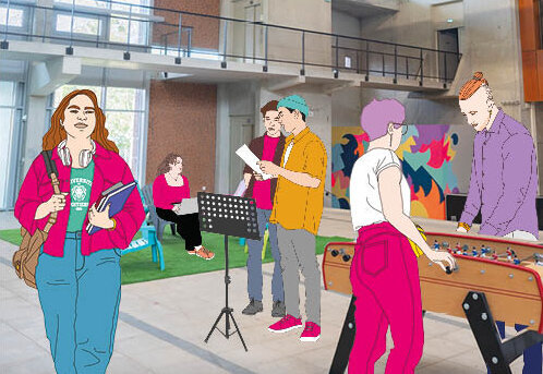 Étudiants en activités sur le campus : déambulation avec sac et casque audio, répétition musicale devant pupitre, partie de baby-foot - Agrandir l'image, fenêtre modale