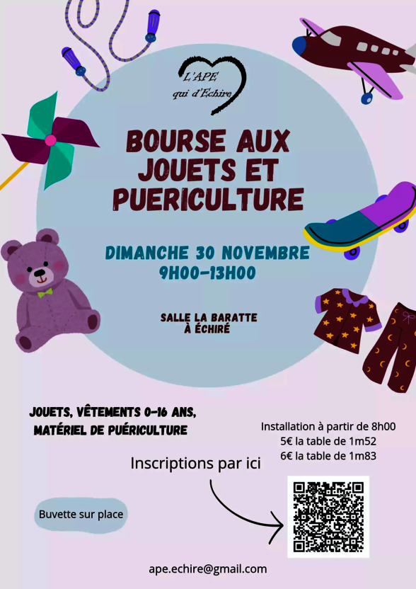 Affiche de la bourse : dimanche 30 novembre 9h-13h, salle La Baratte à Échiré – inscriptions par QR code - Agrandir l'image, fenêtre modale