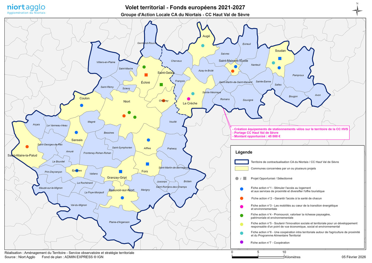 Communes de Niort Agglo concernées par des projets Niort — Fiche action n°2 : Garantir l’accès à la santé de chacun. Fiche action n°4 : Promouvoir, valoriser la richesse paysagère, patrimoniale et environnementale. Échiré — Fiche action n°4 : Promouvoir, valoriser la richesse paysagère, patrimoniale et environnementale. Projet opportunisé / sélectionné. Saint-Gelais — Fiche action n°4 : Promouvoir, valoriser la richesse paysagère, patrimoniale et environnementale. Chauray — Fiche action n°4 : Promouvoir, valoriser la richesse paysagère, patrimoniale et environnementale. Coulon — Fiche action n°1 : Stimuler l’accès au logement et aux services de proximité et diversifier l’offre touristique. Sansais — Fiche action n°1 : Stimuler l’accès au logement et aux services de proximité et diversifier l’offre touristique. Épannes — Fiche action n°1 : Stimuler l’accès au logement et aux services de proximité et diversifier l’offre touristique. Beauvoir-sur-Niort — Fiche action n°1 : Stimuler l’accès au logement et aux services de proximité et diversifier l’offre touristique. Saint-Hilaire-la-Palud — Fiche action n°2 : Garantir l’accès à la santé de chacun. Fors — Fiche action n°5 : Soutenir l’innovation sociale et territoriale pour un développement responsable d’un point de vue économique, social et environnemental.
