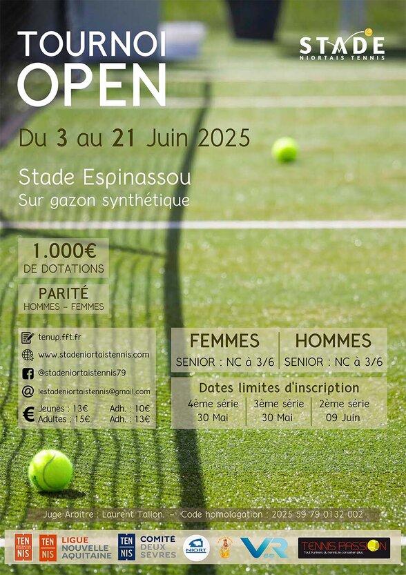 Affiche du Tournoi Open Stade Niortais Tennis, parité hommes et femmes, catégories seniors séries NC à 3/6 - Agrandir l'image, fenêtre modale