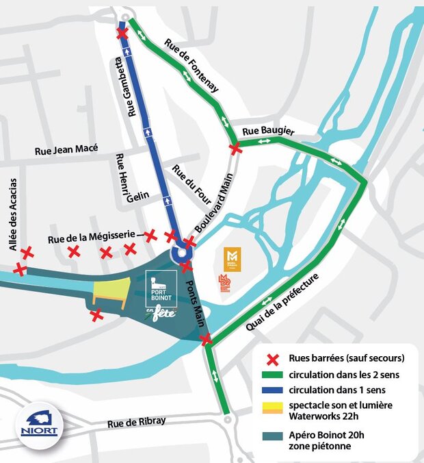 Plan de circulation autour de Port Boinot : rues barrées, sens de circulation et zones piétonnes