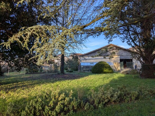 Espace vert arboré avec pelouse verdoyante et bâtiment en pierre, baignés d'une lumière hivernale dorée - Agrandir l'image, fenêtre modale