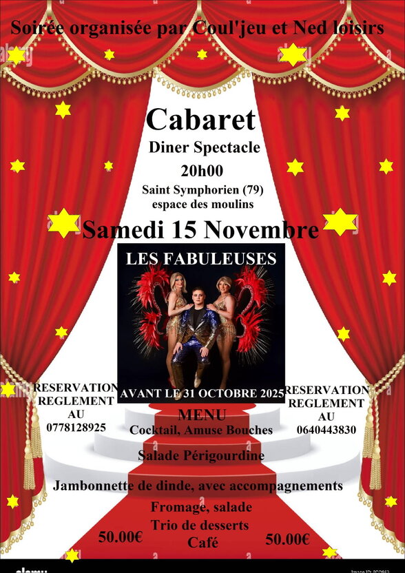 Affiche de l'événement : 20h à l'espace des moulins, Saint-Symphorien, menu à 50 €, résa : 0778128925 ou 0640443830 - Agrandir l'image, fenêtre modale