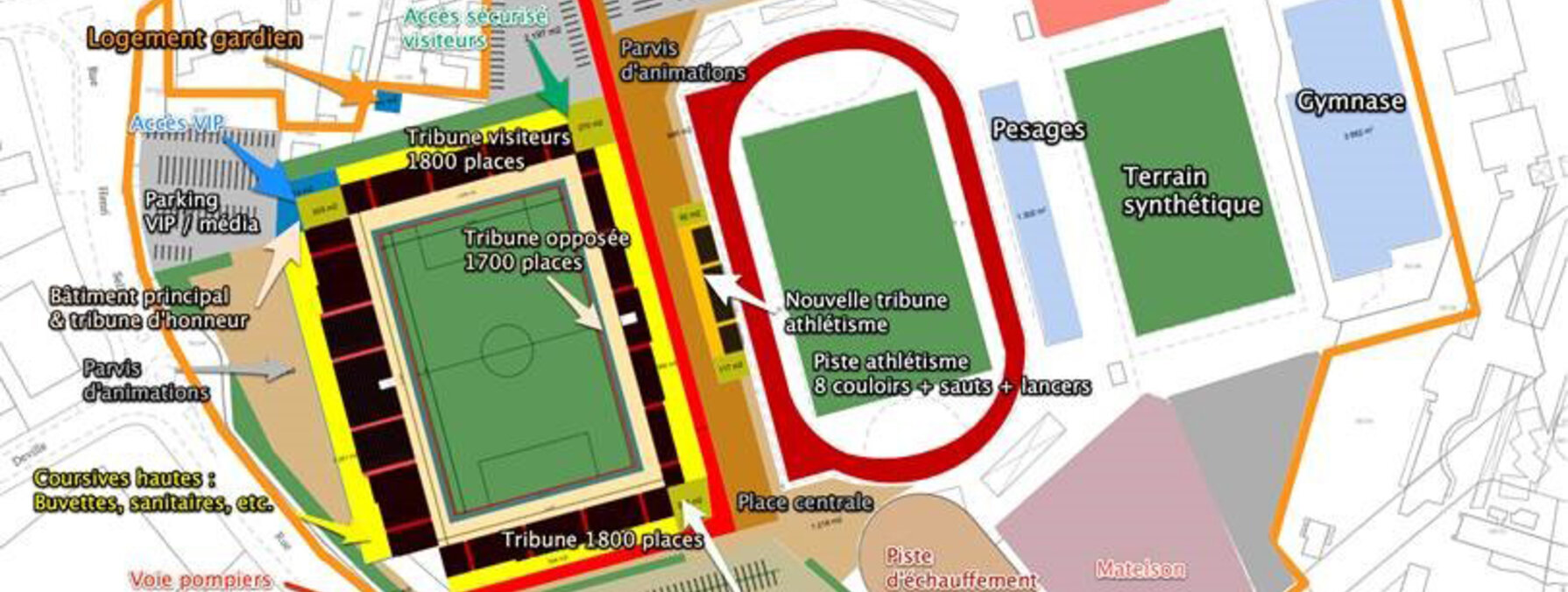 Schéma de principe de l'aménagement du complexe sportif Venise Verte