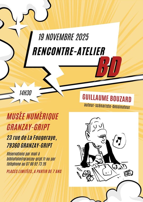 Affiche de la rencontre-atelier BD : 19 novembre 2025 à 14h30, places limitées à partir de 7 ans. - Agrandir l'image, fenêtre modale