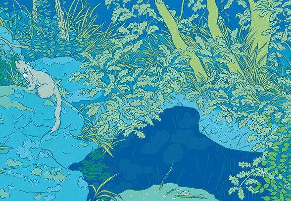 Scène forestière stylisée aux tons bleu-vert, avec un chat blanc posé sur des rochers parmi la végétation et les arbres - Agrandir l'image, fenêtre modale