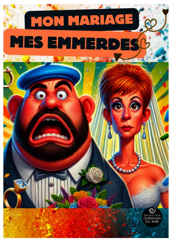 Affiche illustrée : couple de mariés caricaturaux, le marié affolé et la mariée résignée, dans une ambiance colorée et festive - Agrandir l'image, fenêtre modale