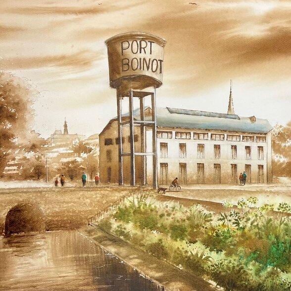 Le site du Port Boinot à Niort avec sa château d'eau inscrite, son bâtiment industriel et le canal végétalisé au premier plan - Agrandir l'image, fenêtre modale
