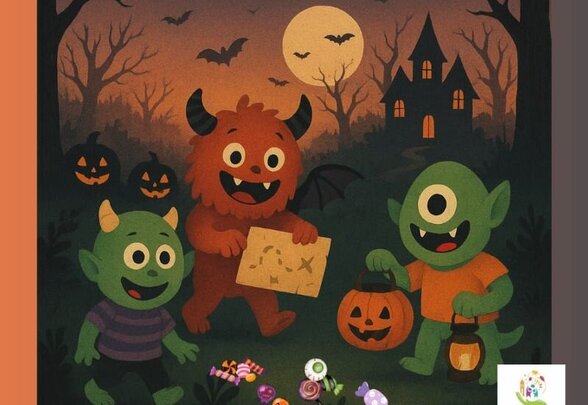 Affiche Halloween : monstres cartoon avec carte au trésor, citrouilles et maison hantée — lieu : parc de la mairie, place des 5 villages - Agrandir l'image, fenêtre modale