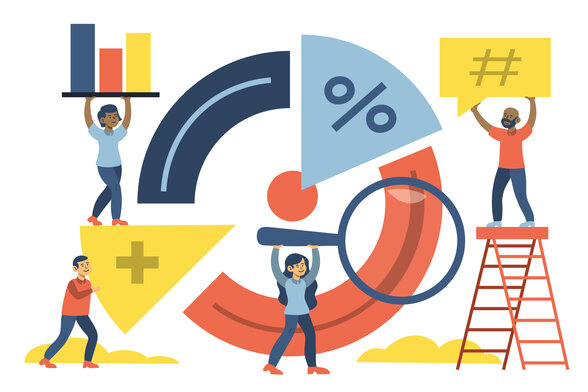 Personnages manipulant des outils d'analyse — graphiques, loupe, pourcentages — symbolisant l'examen critique des systèmes de vote - Agrandir l'image, fenêtre modale