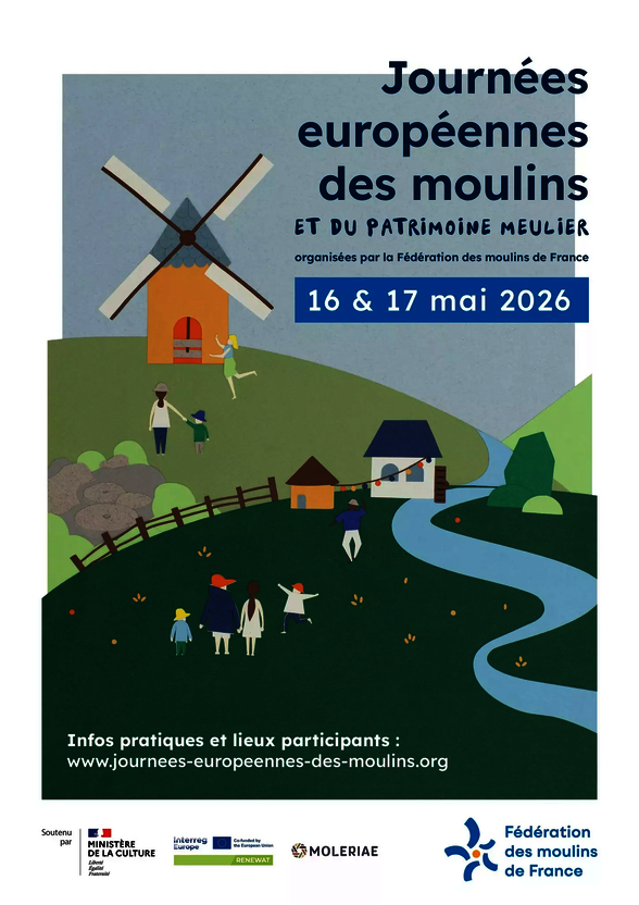 Affiche officielle : 16 & 17 mai 2026 — patrimoine meulier, Fédération des moulins de France, site journees-europeennes-des-moulins.org - Agrandir l'image, fenêtre modale