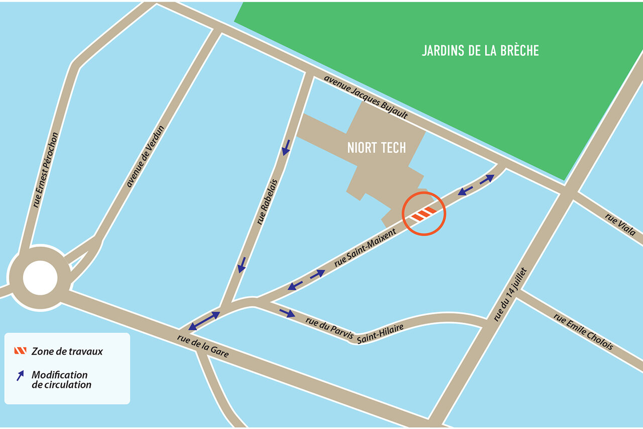 Carte des modifications de circulation autour de Niort Tech, zone de travaux rue Saint-Maixent