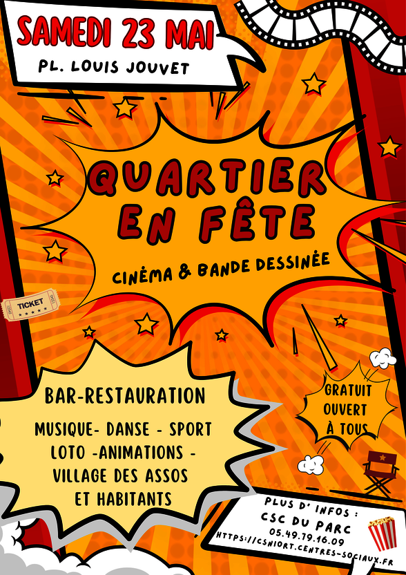 Affiche annonçant la fête du samedi 23 mai, place Louis Jouvet, sur le thème Cinéma & Bande dessinée - Agrandir l'image, fenêtre modale