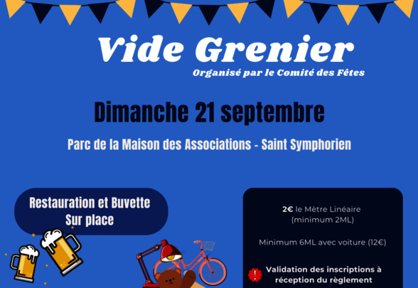 Affiche du Vide Grenier du dimanche 21 septembre, organisé par le Comité des Fêtes – restauration et buvette sur place - Agrandir l'image, fenêtre modale