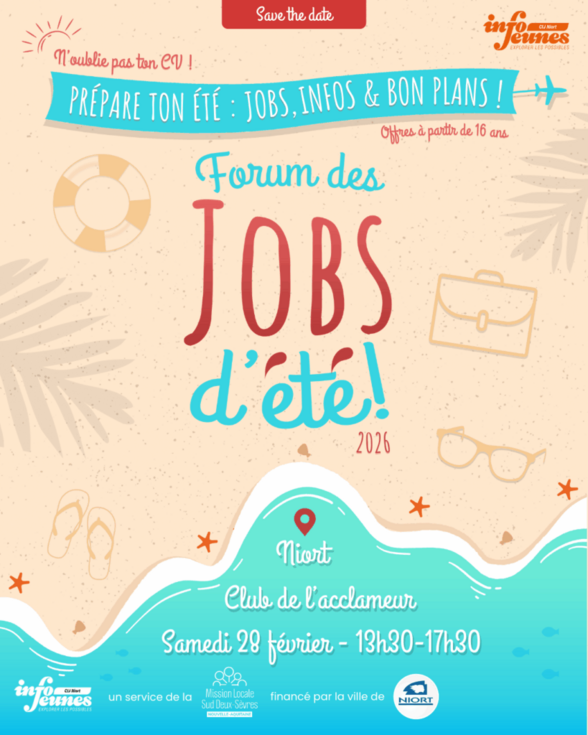 Affiche Forum des Jobs d'été 2026 – Club de l'Acclameur, Niort, samedi 28 février, 13h30-17h30, dès 16 ans