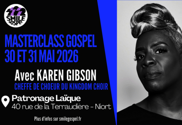 Affiche : Karen Gibson, cheffe de chœur du Kingdom Choir, anime une masterclass gospel les 30 et 31 mai 2026 à Niort - Agrandir l'image, fenêtre modale