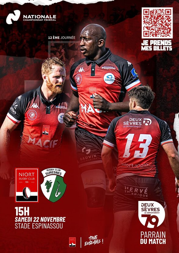 Affiche officielle du match : samedi 22 novembre à 15h au Stade Espinassou — QR code billetterie - Agrandir l'image, fenêtre modale