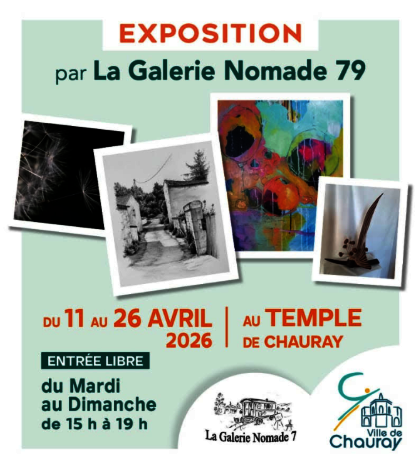 Carton d'invitation pour l'exposition Galerie Nomade 79 au Temple de Chauray, du 11 au 26 avril 2026, entrée libre - Agrandir l'image, fenêtre modale
