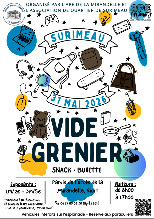 Affiche du vide-grenier de Surimeau par l'APE Mirandelle, réservé aux particuliers, tél. 06 19 89 02 30 (après 18h) - Agrandir l'image, fenêtre modale