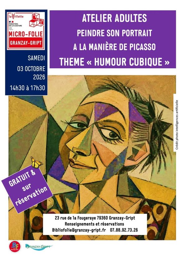 Affiche de l'atelier adultes Micro-Folie Granzay-Gript – Peindre son portrait à la manière de Picasso, thème Humour cubique