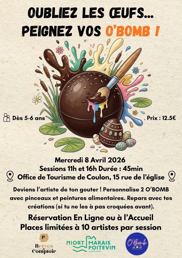 Affiche atelier O'BOMB : décoration de sphères chocolatées au pinceau alimentaire – places limitées à 10 artistes par session. - Agrandir l'image, fenêtre modale