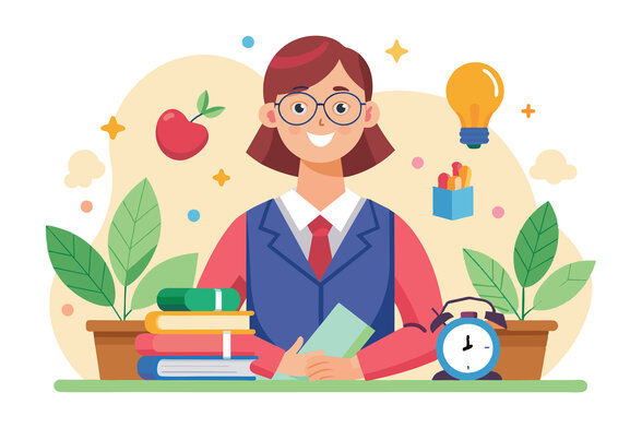 Animatrice à son bureau entourée de livres, d'une ampoule et d'une pomme, symboles d'éducation et de découverte scientifique - Agrandir l'image, fenêtre modale