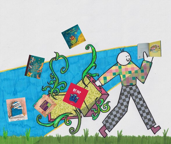 Personnage illustré portant une valise rose d'où s'échappent des albums jeunesse colorés - Agrandir l'image, fenêtre modale