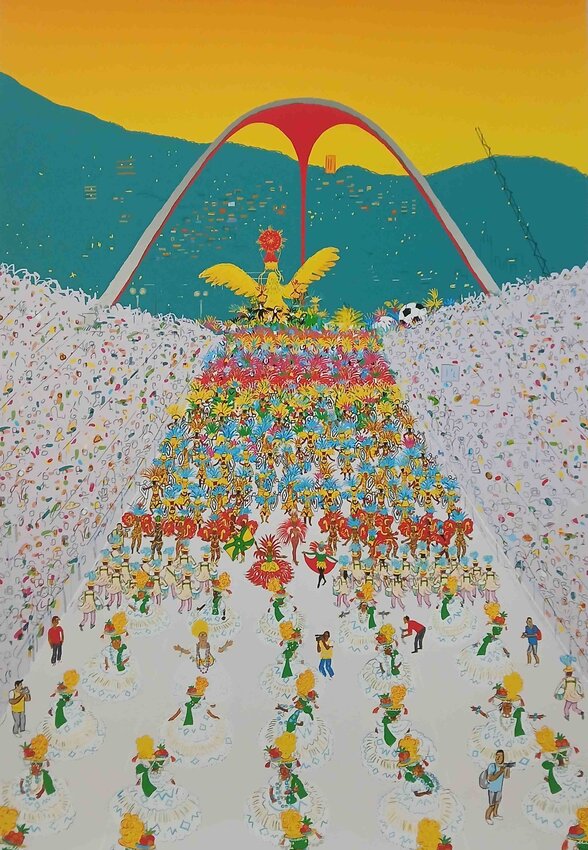 Scène de défilé festif avec foule de danseurs en costumes à plumes multicolores et confettis, grand arc en fond, style naïf - Agrandir l'image, fenêtre modale