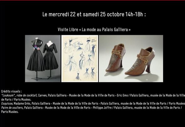 Affiche visite libre 14h-18h : robe cocktail noire Carven, croquis de robes et paire de souliers anciens du Palais Galliera - Agrandir l'image, fenêtre modale