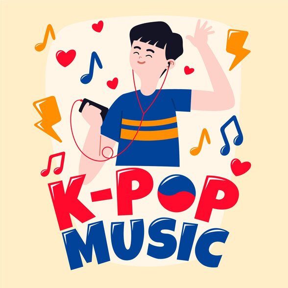 K-POP MUSIC : personnage animé dansant avec écouteurs et smartphone, entouré de notes de musique et cœurs colorés - Agrandir l'image, fenêtre modale
