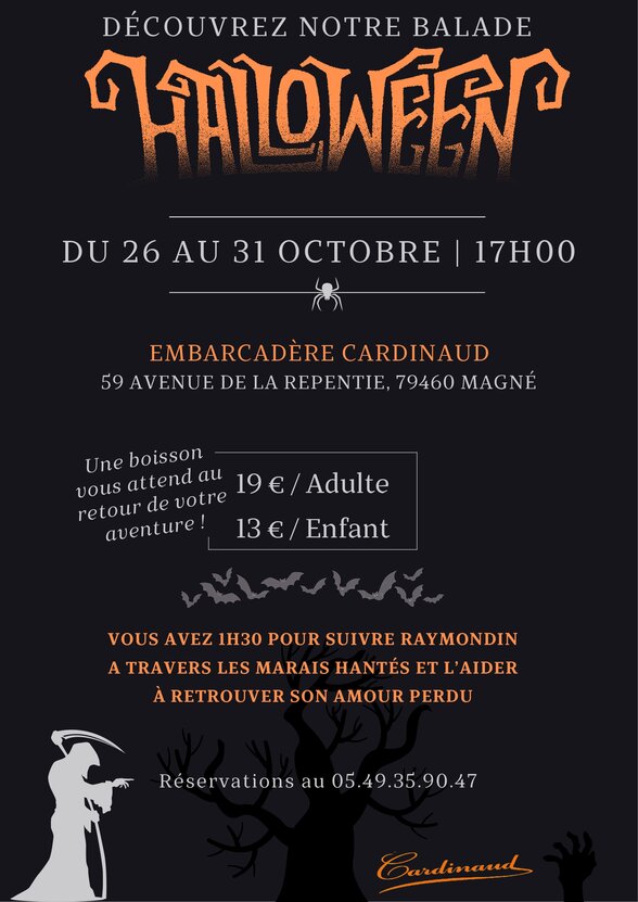 Affiche de la balade Halloween à l'Embarcadère Cardinaud, du 26 au 31 octobre à 17h00