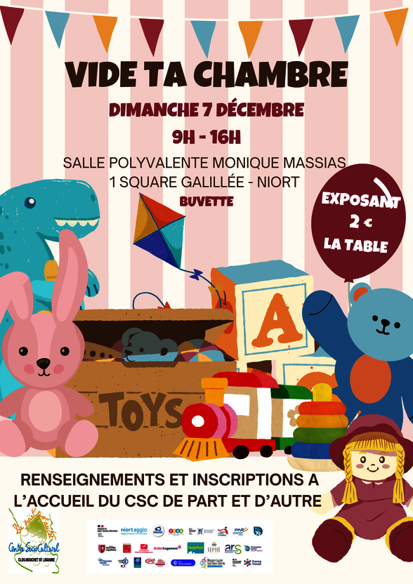 Affiche illustrée de jouets : horaires 9h-16h, Salle Polyvalente Monique Massias, 1 Square Galilée, Niort - Agrandir l'image, fenêtre modale