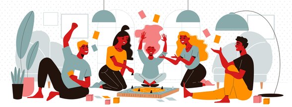 Cinq personnes dont un enfant jouent ensemble à un jeu de plateau, riant et levant les bras, cartes en l'air - Agrandir l'image, fenêtre modale