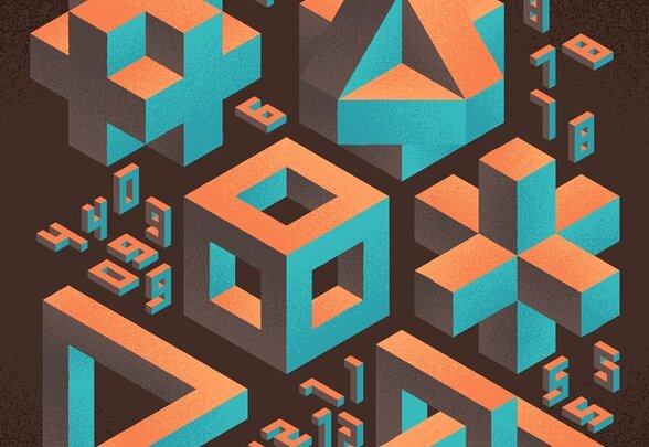 Figures géométriques 3D isométriques impossibles en orange et turquoise, parsemées de chiffres, sur fond brun - Agrandir l'image, fenêtre modale