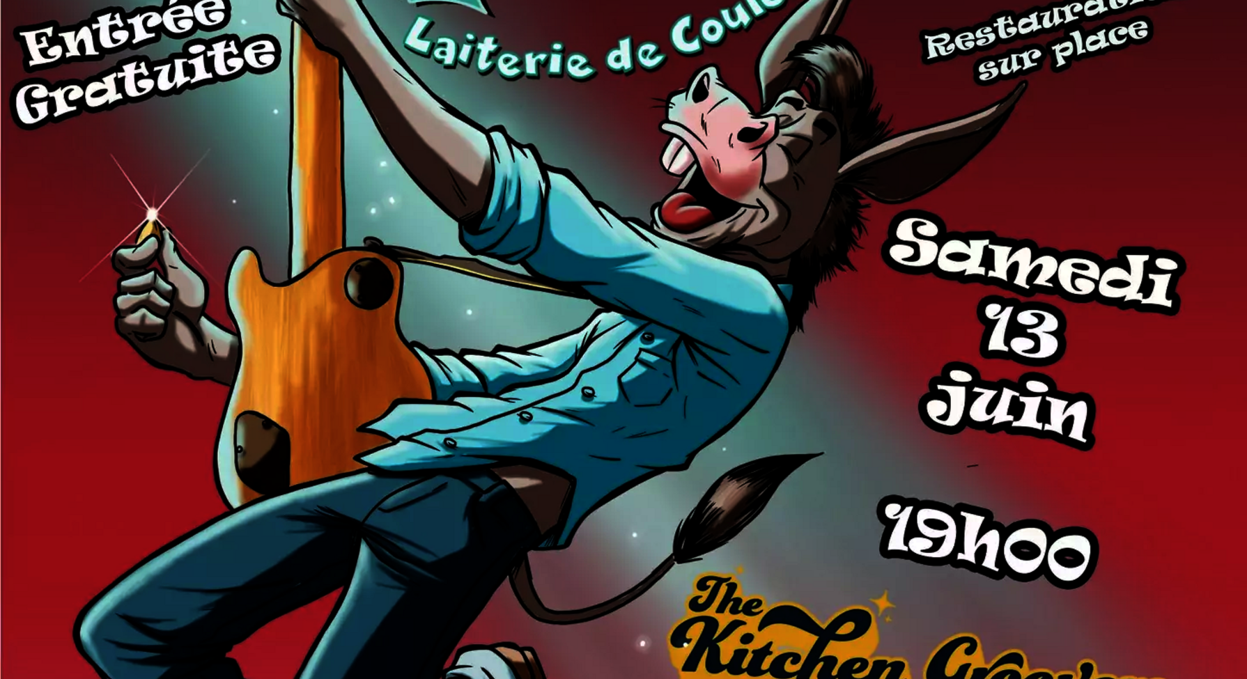 Affiche des Entêtés 2 – festival à la Laiterie de Coulon, avec une illustration d'un âne guitariste en vol au-dessus d'une foule