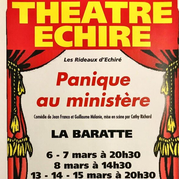 Affiche de la pièce Panique au ministère, comédie de Jean Franco et Guillaume Mélanie, mise en scène par Cathy Richard - Agrandir l'image, fenêtre modale