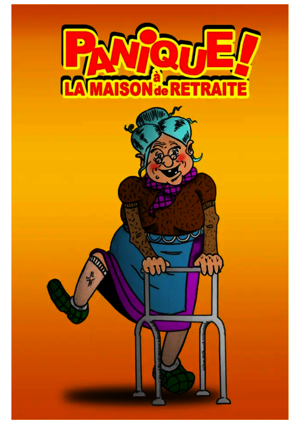 Affiche avec une grand-mère en dessin humoristique, hilare, s'appuyant sur un déambulateur, sur fond jaune doré - Agrandir l'image, fenêtre modale