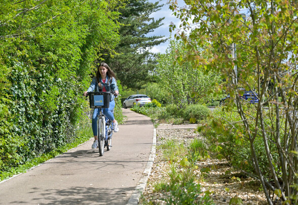 Cycliste sur une piste dédiée bordée de végétation verdoyante, illustrant la mobilité douce au quotidien - Agrandir l'image, fenêtre modale
