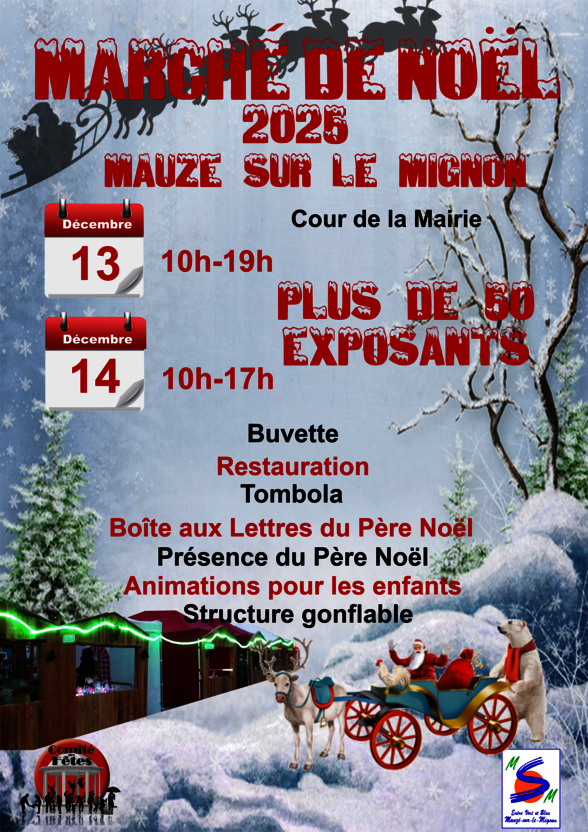 Affiche du Marché de Noël 2025 à Mauze-sur-le-Mignon, les 13 décembre (10h-19h) et 14 décembre (10h-17h), Cour de la Mairie - Agrandir l'image, fenêtre modale