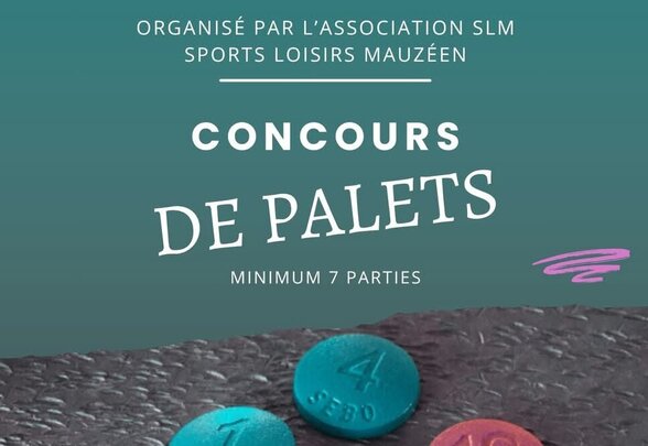 Affiche du concours de palets : samedi 12 juillet 2025 à 14h30, gymnase omnisports de Mauzé, 16 € la doublette. - Agrandir l'image, fenêtre modale